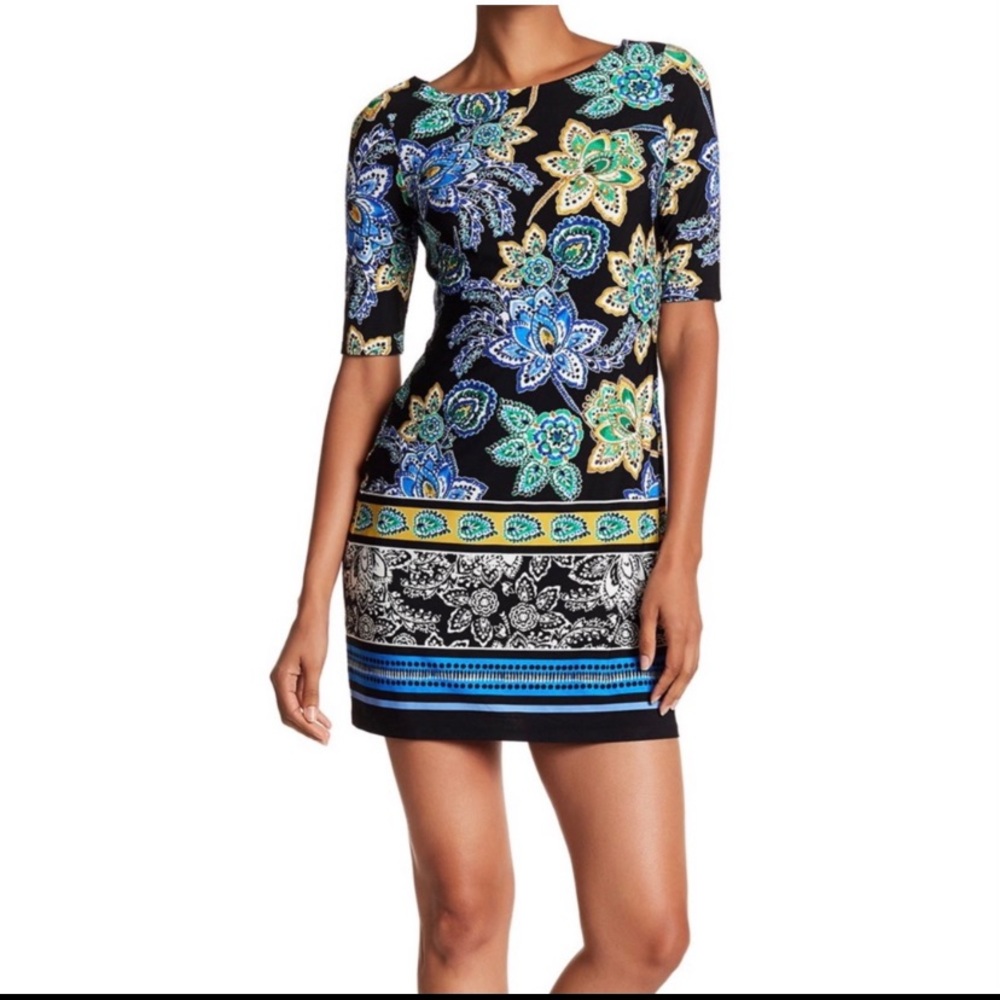 ELIZA J Floral Blue Blk Elbow Sleeve Midi Dress 10